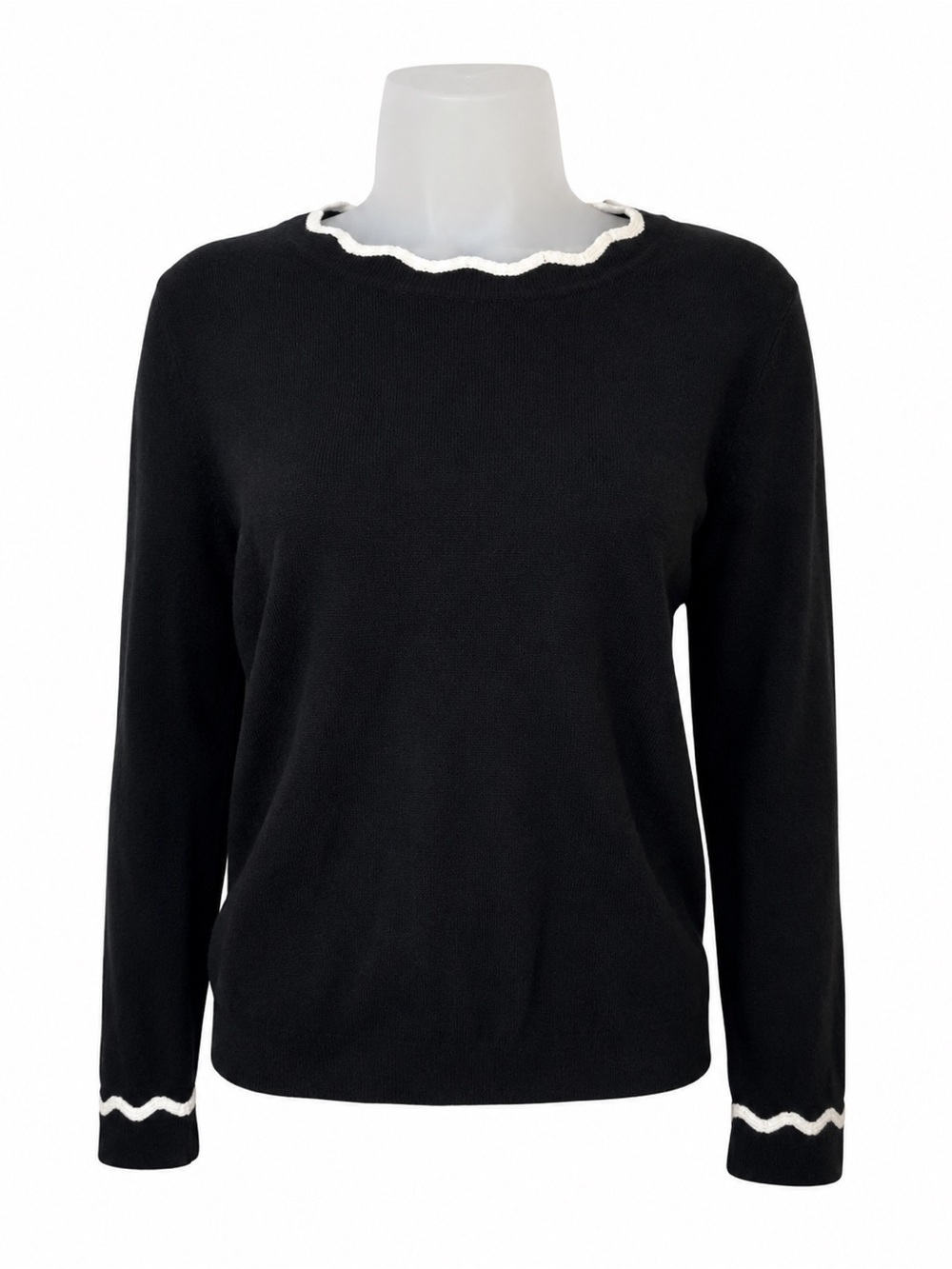 H&M Black Sweater White Scalloped Trim Women’s Medium Classic Chic